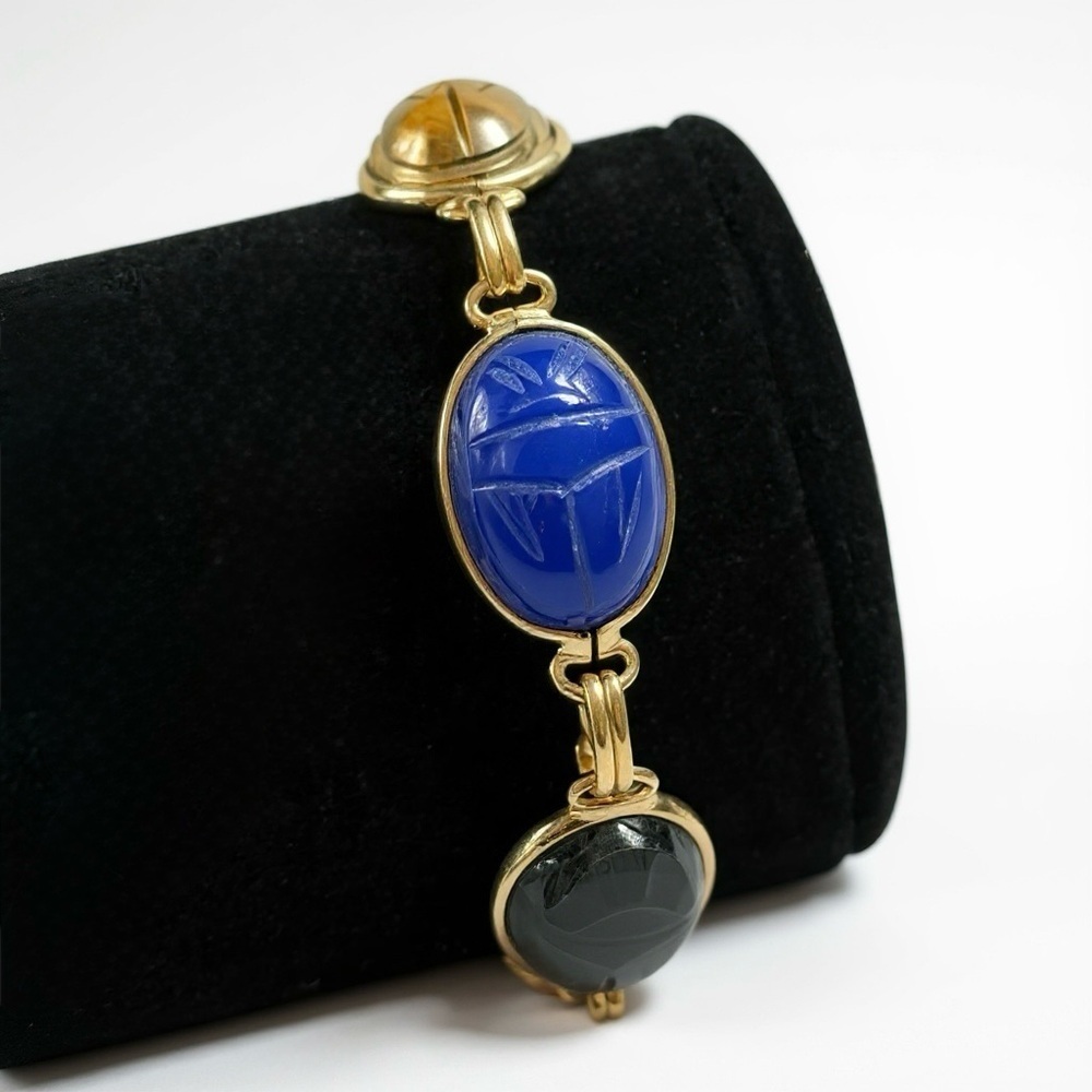 Vintage 12k GF Multi Gemstone Scarab Link Bracelet 7.75"